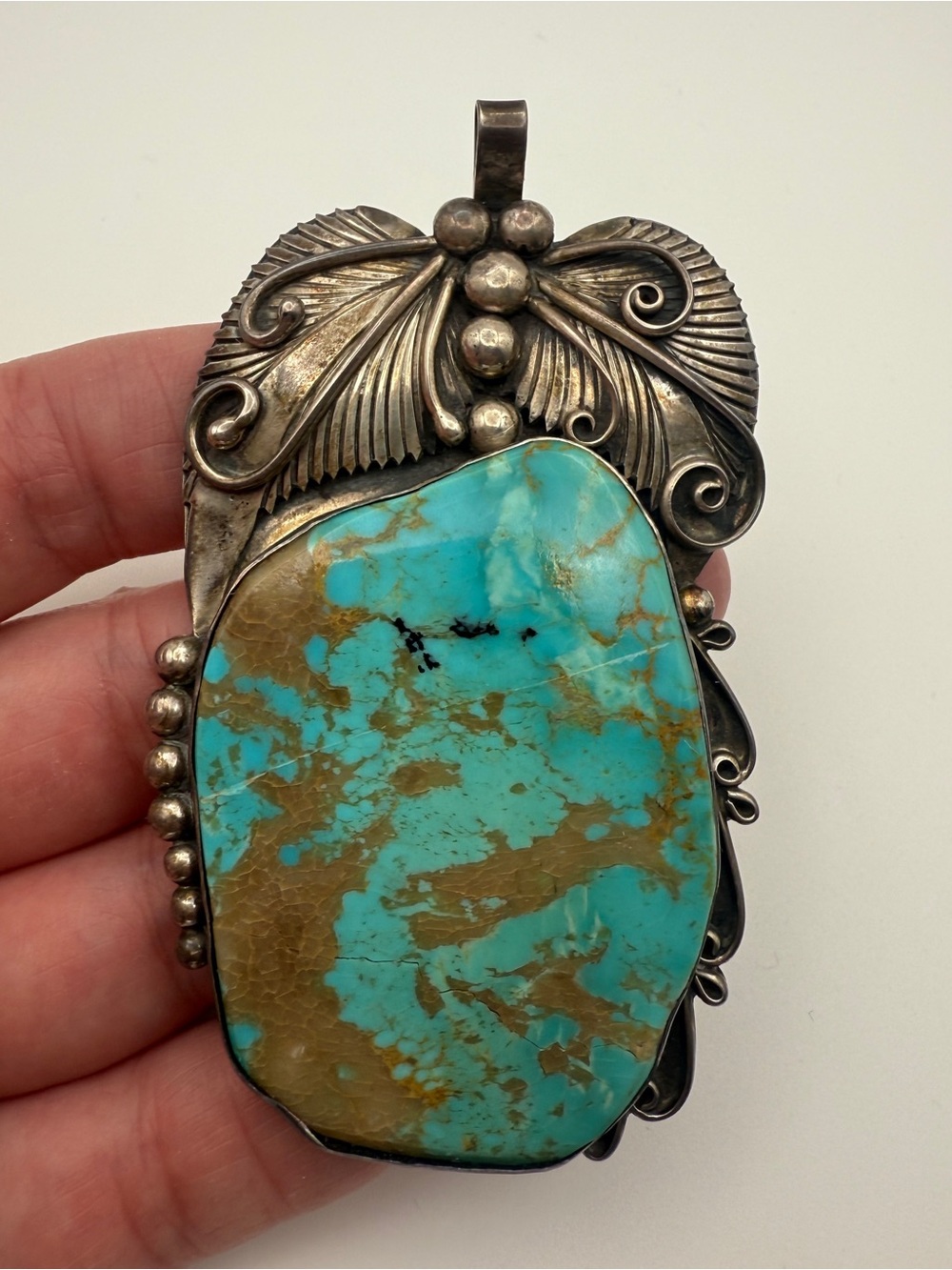 WOW 3.5”Long Vintage Navajo Kingman Turquoise 925 Silver Native American Pendant